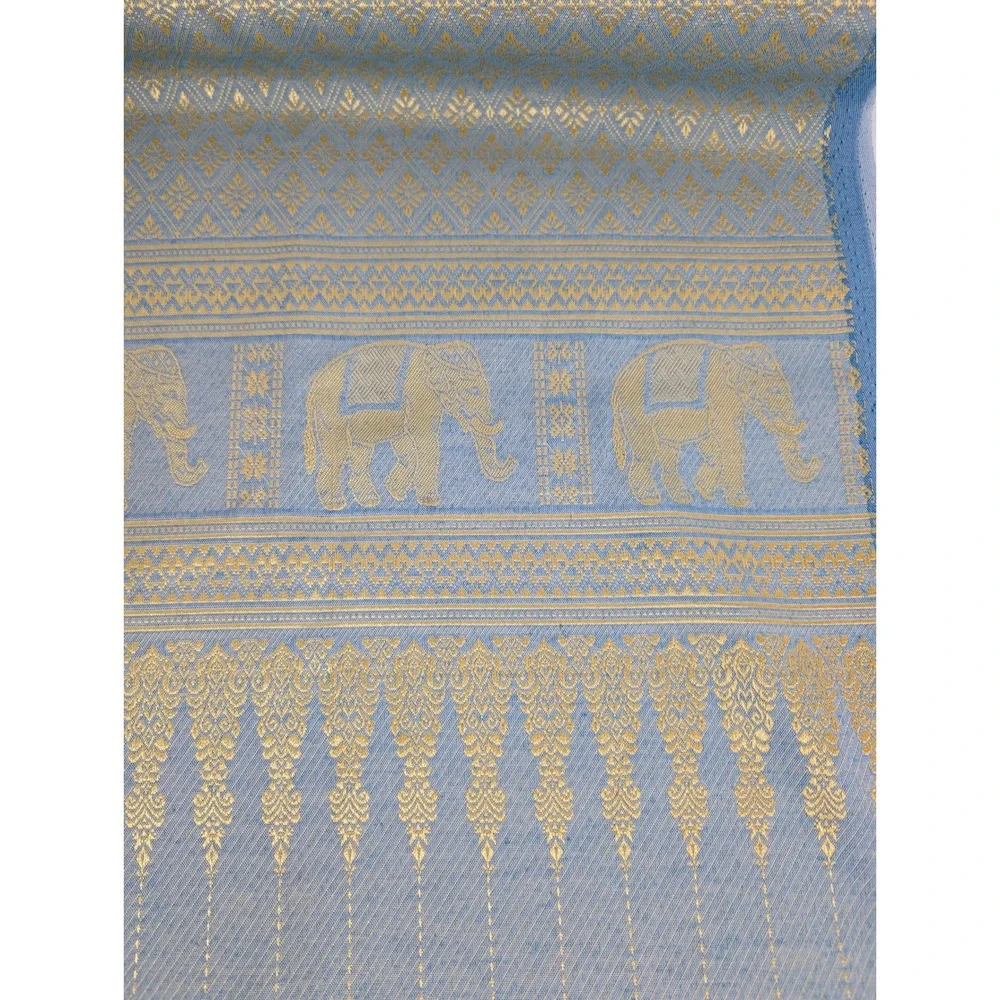 Handmade Thai Golden Elephant Blue & Gold Rectangle Tablecloth Fringe 40x78